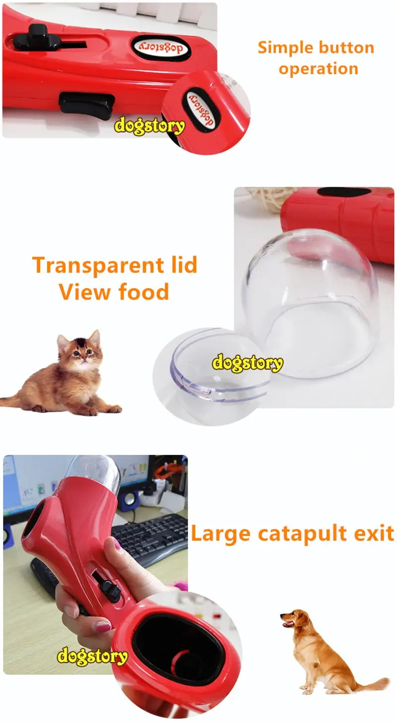 Cliquet d’entraînement pour animaux de compagnie et distributeur de friandises en plastique rouge, avec couvercle en dôme transparent et mécanisme à bouton noir.