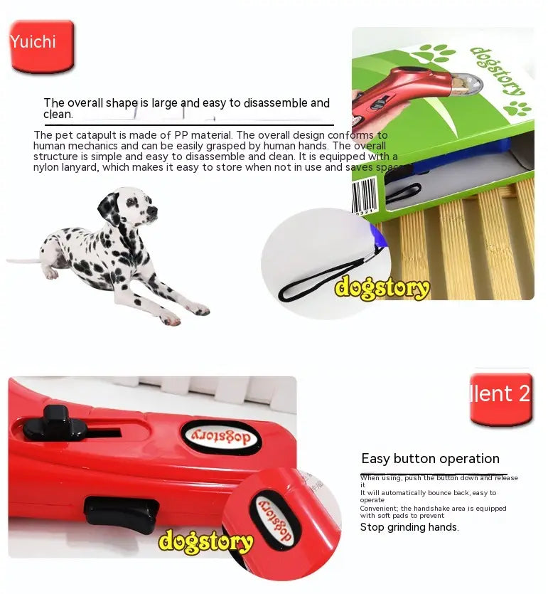 Cliquet d’entraînement pour animaux de compagnie et distributeur de friandises en plastique rouge, avec boutons noirs et un cordon en nylon.