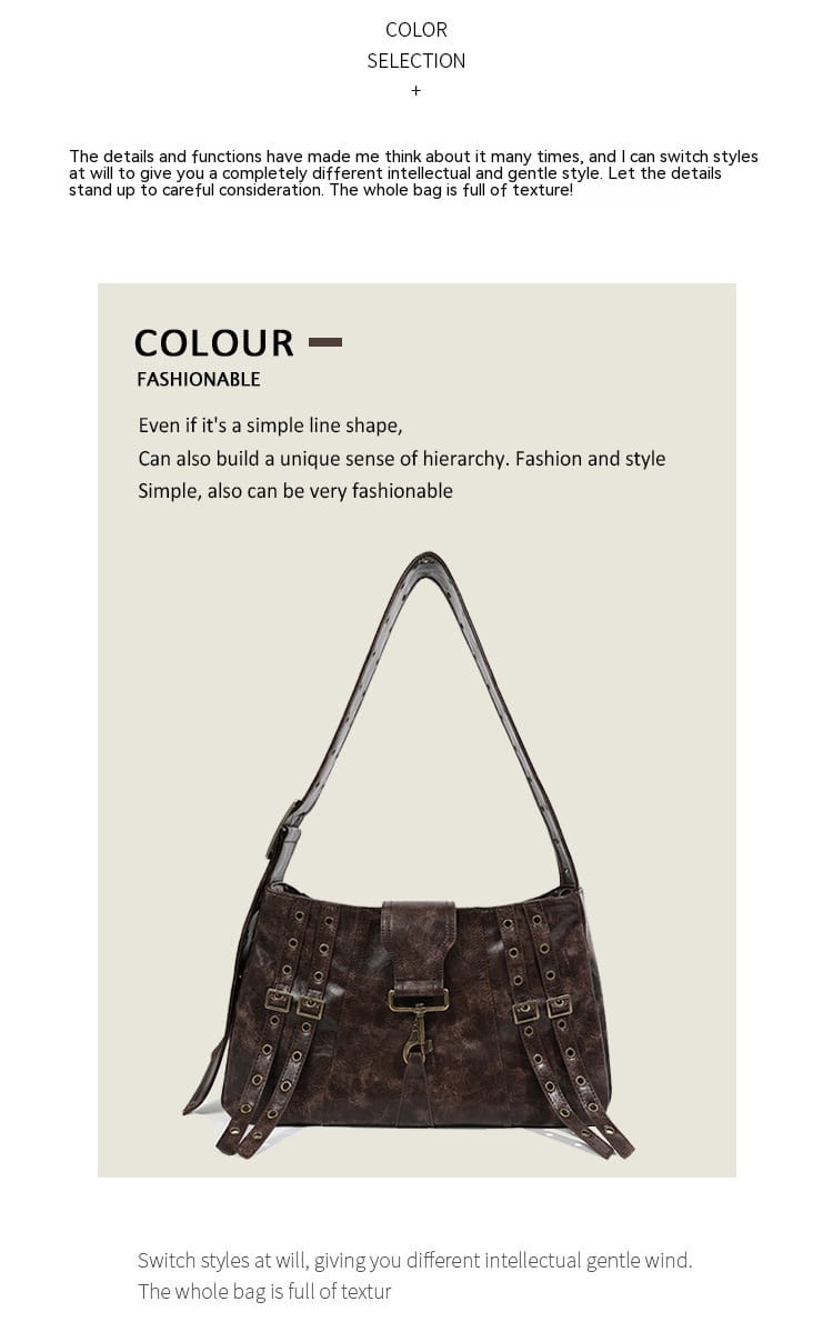 Dark brown leather punk crossbody bag with a textured pattern and metal rivet hardware accents.