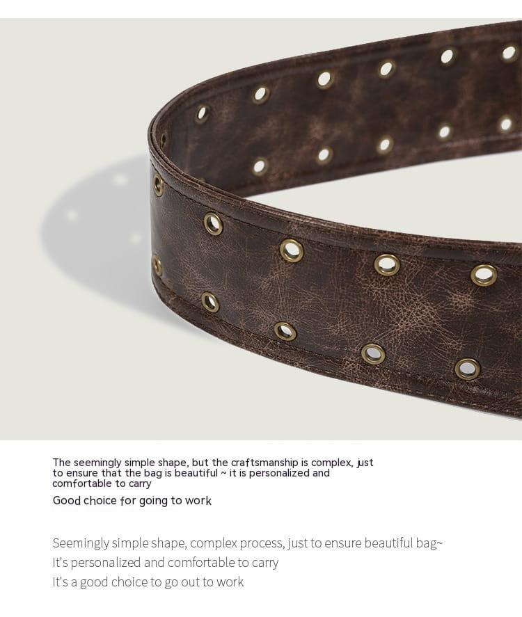 brown leather punk crossbody bag with rivets featuring a brown leather belt with gold-toned metal eyelets.
