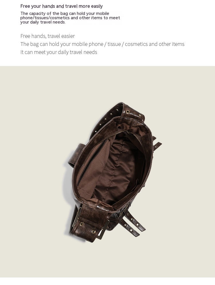 brown leather punk crossbody bag with rivets featuring studded straps and a satin-lined interior