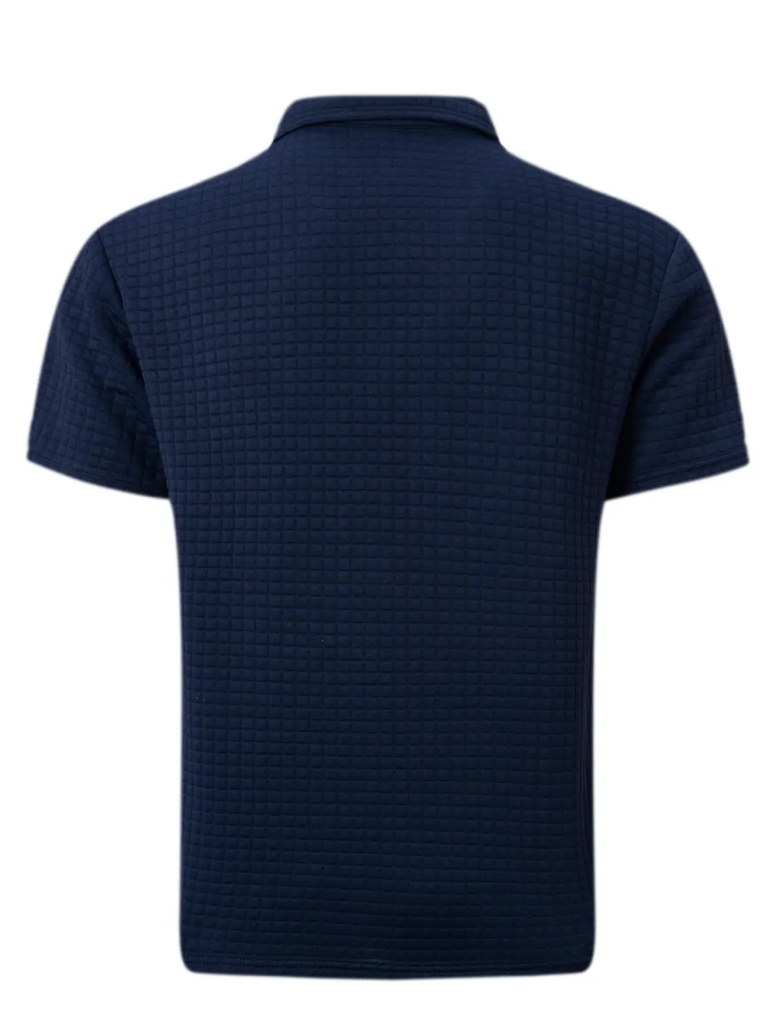 Navyblaues, strukturiertes Herren-Jacquard-Karree-Sportpolohemd mit Kontrastbesatz und kurzen Ärmeln.