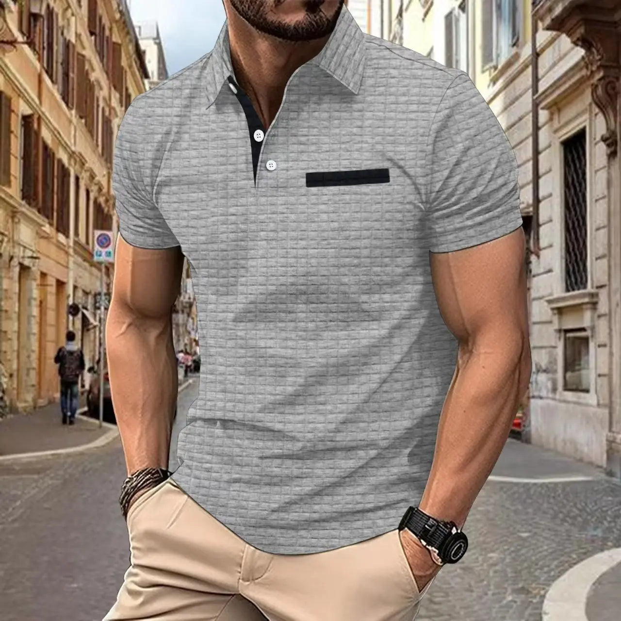 Herren-Jacquard-Karo-Sportpolohemd mit Kontrastbesatz
