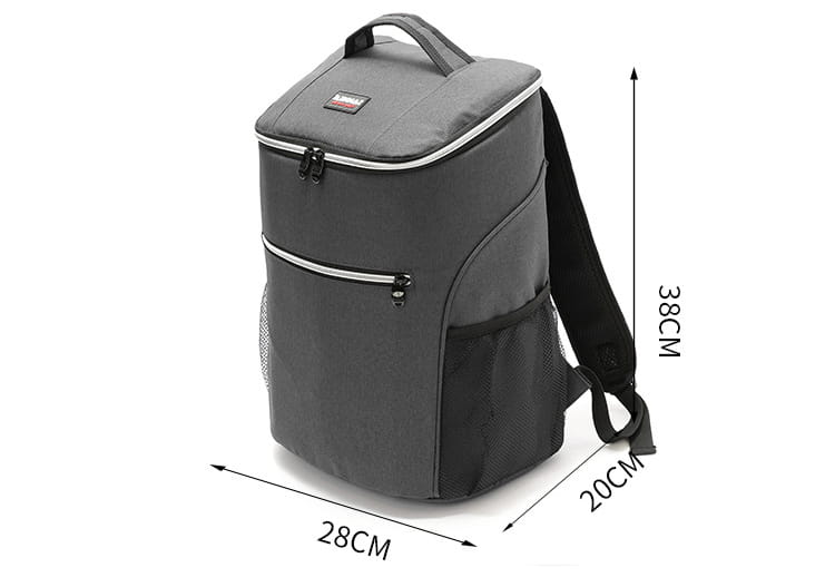 gray insulated cooler backpack made of waterproof oxford material featuring black mesh side pockets and white zipper trims for picnic use