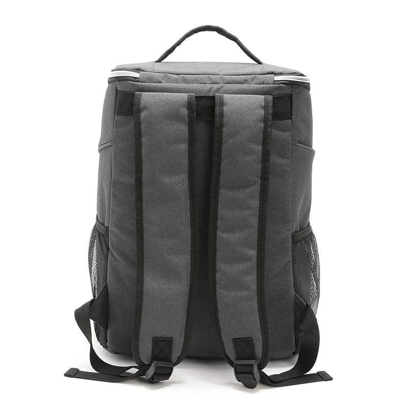 Gray insulated cooler backpack made of waterproof Oxford fabric with black straps and mesh side pockets for picnics and outdoor use.