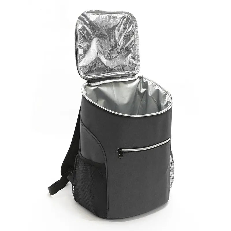 black insulated cooler backpack made of waterproof oxford fabric featuring a silver-lined interior and mesh side pockets for picnic use