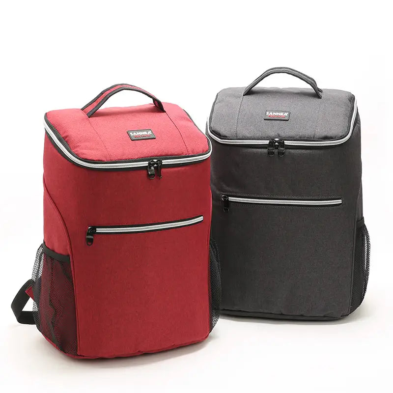 Insulated cooler backpack waterproof Oxford picnic bag featuring red and black colors with silver zipper trims and mesh side pockets.