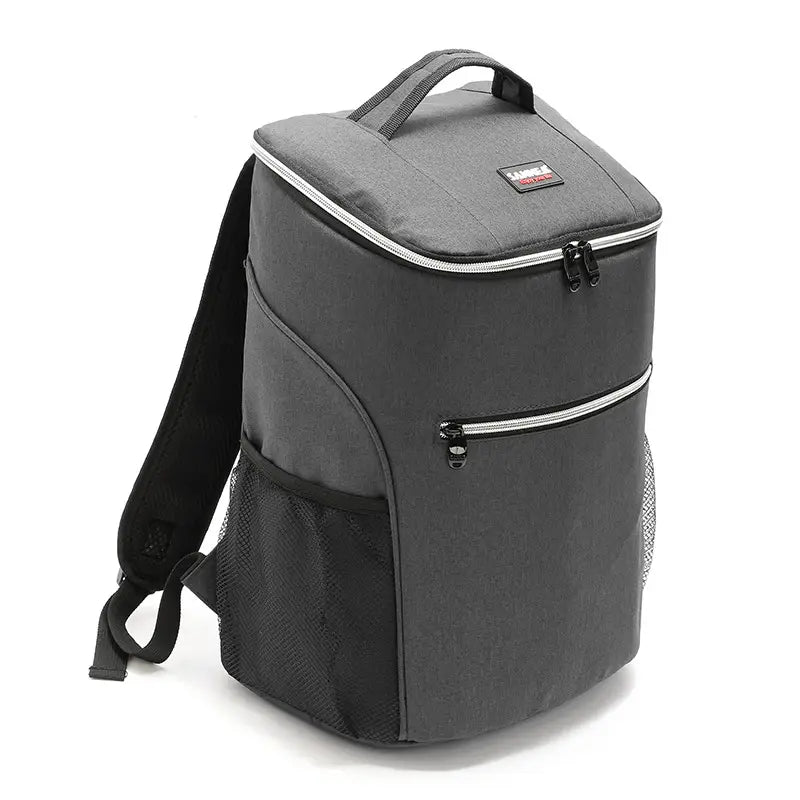 gray insulated cooler backpack made of waterproof oxford material with black mesh side pockets and silver zipper pulls for picnic use