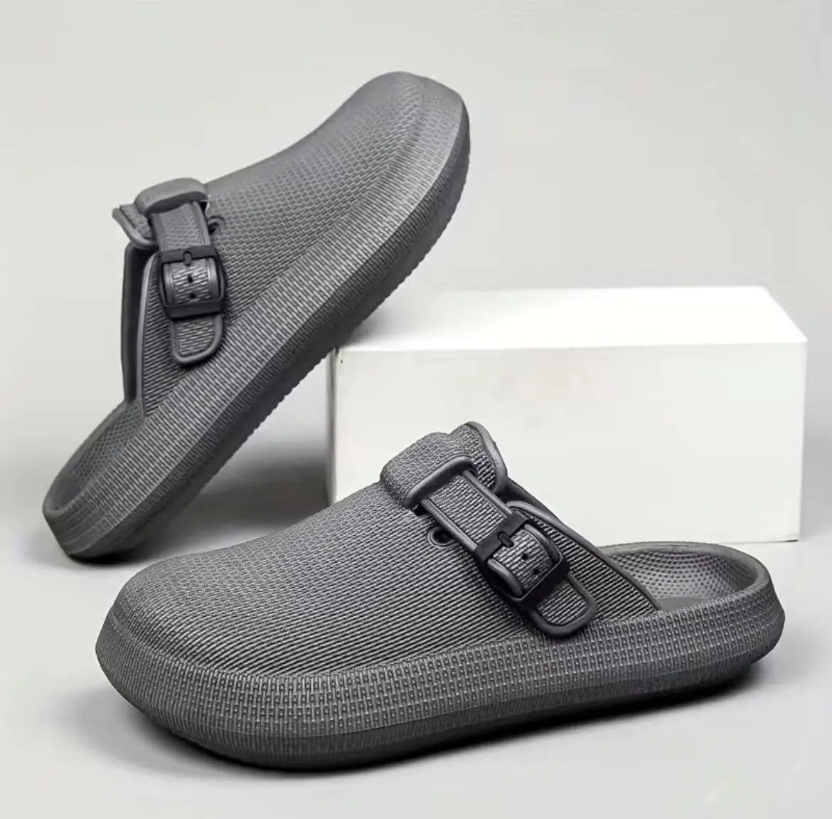 Men lightweight mesh clog slippers in gray with black adjustable buckle straps featuring a textured design.