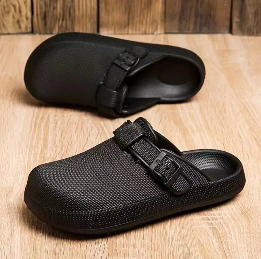 Men lightweight black mesh clog slippers featuring adjustable strap buckles for customizable fit.