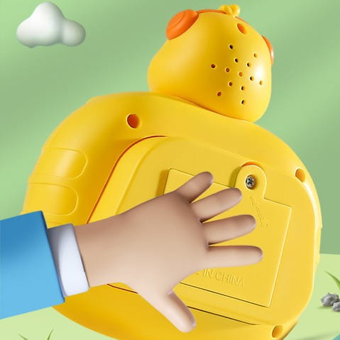 yellow plastic duck-shaped quick push game console fidget toy with orange beak and feet showing the perforated back panel