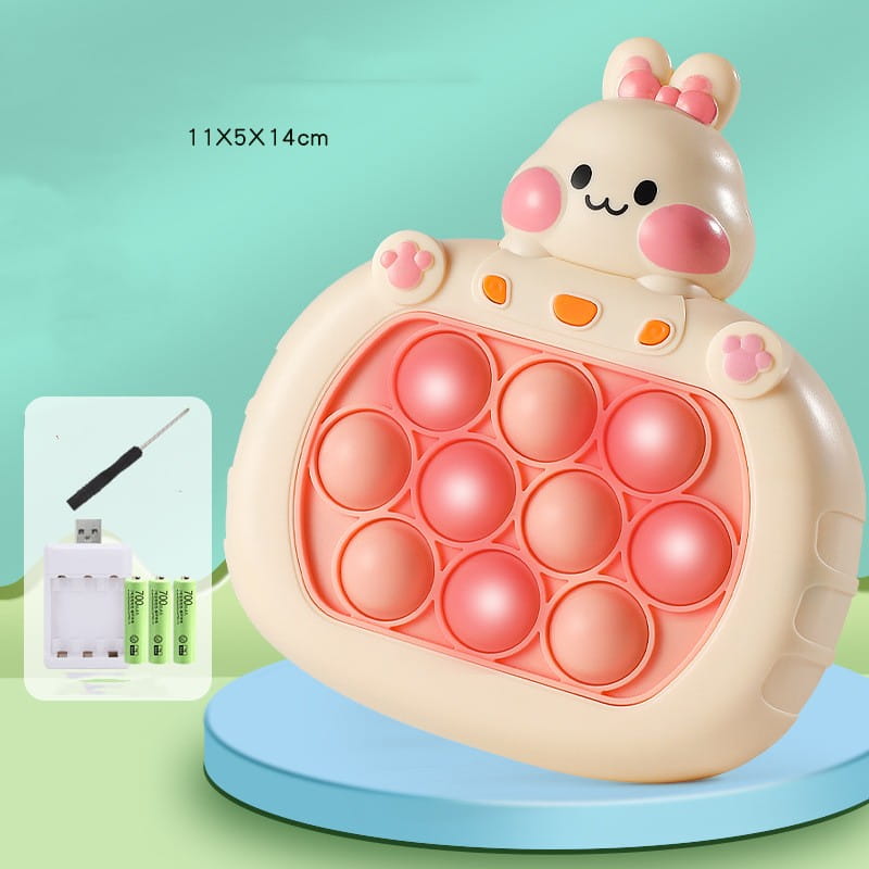 Cute cream-colored bunny-shaped pop-it fidget toy with pink circular bubbles and orange accents from the quick push game console duck and bunny fidget toy collection.