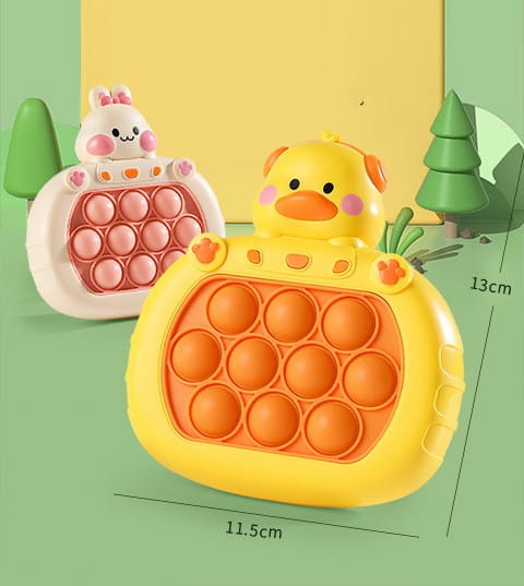 Yellow duck-shaped pop-it fidget toy with orange circular bubbles and soft plastic finish from the Quick Push Game Console Duck and Bunny Fidget Toy collection.