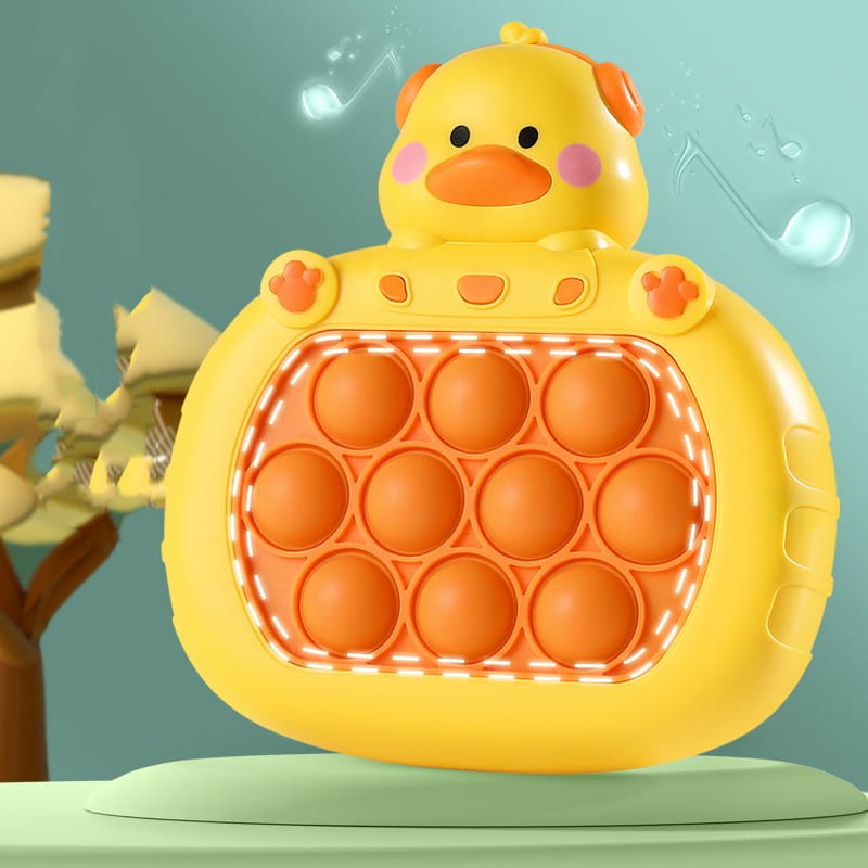 Yellow duck-shaped pop-it fidget toy with orange bubbles and pink cheeks designed as a quick push game console for stress relief and sensory play.