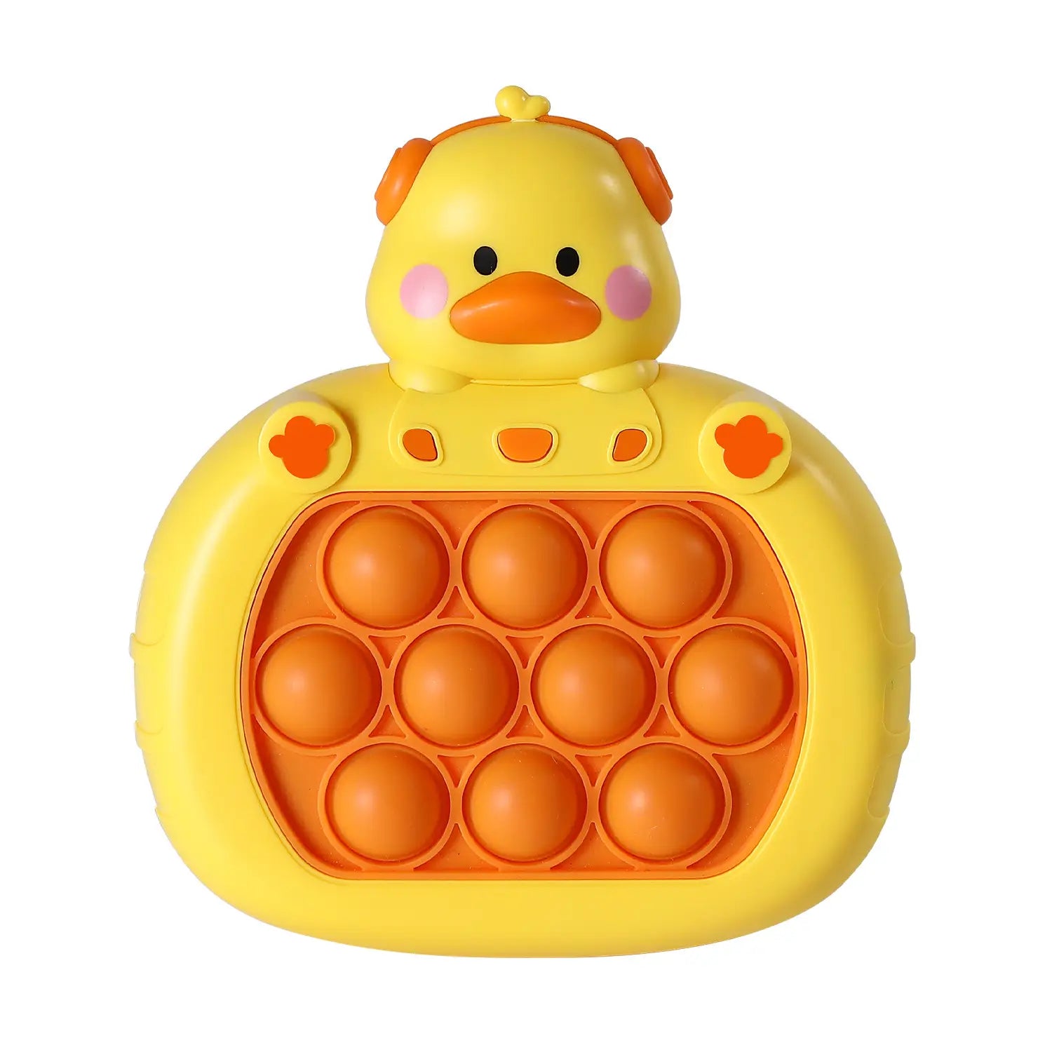 Yellow duck-shaped pop-it fidget toy with orange bubbles and pink cheeks designed as a quick push game console for stress relief and sensory play.