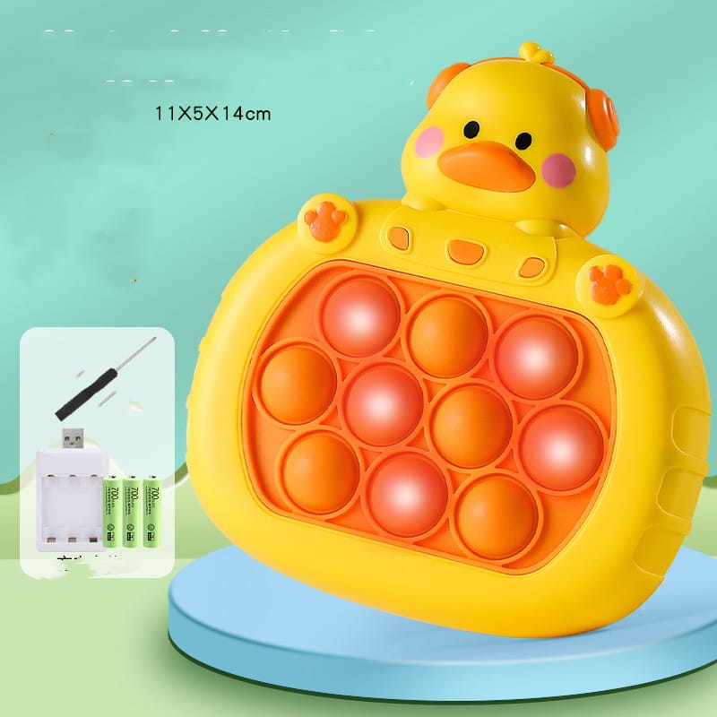 Yellow duck-shaped pop-it fidget toy with orange circular bubbles and pink cheeks featured in the quick push game console duck and bunny fidget toy.