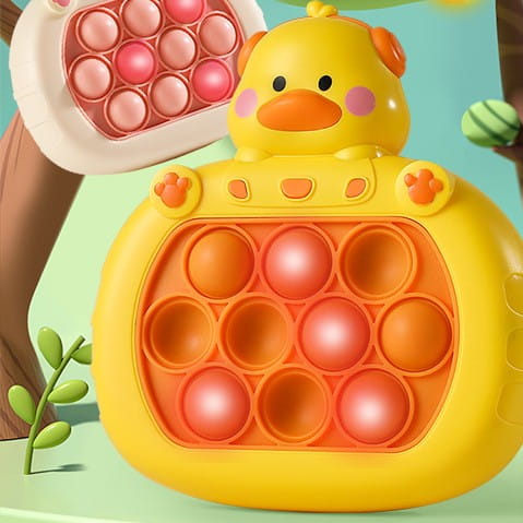 yellow duck-shaped pop-it fidget toy with orange and pink bubbles for quick push game console duck and bunny fidget toy collection designed for stress relief and sensory play.