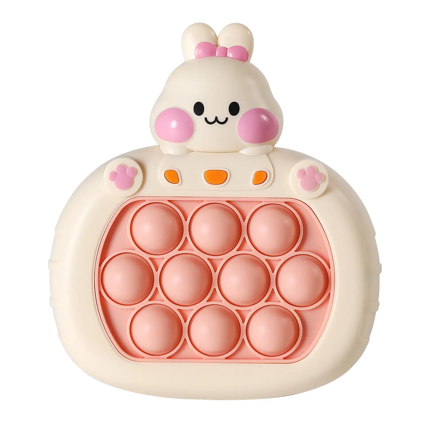 Cream-colored bunny-shaped pop-it fidget toy with pink cheeks and bow featuring circular coral bubbles from the Quick Push Game Console Duck and Bunny Fidget Toy collection.