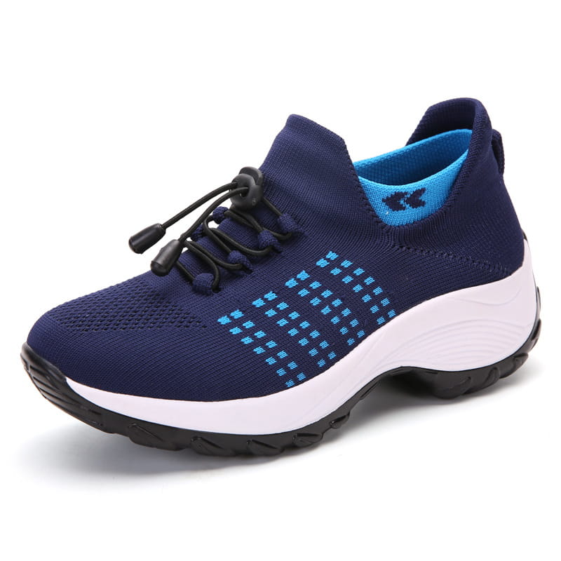 Navy blue knit women’s lightweight fly knit casual sneaker with light blue geometric patterns and a white midsole.