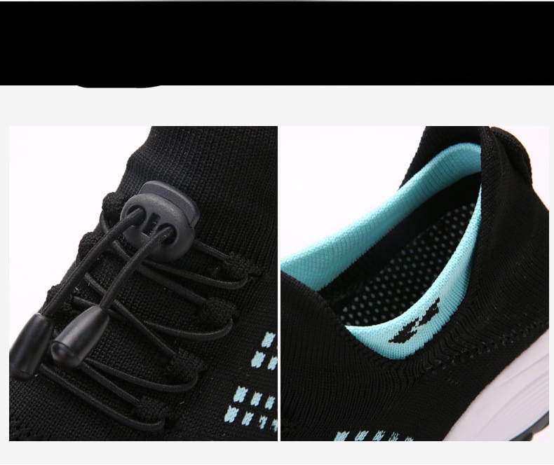Black knit women’s lightweight fly knit casual sneaker with light blue interior lining and elastic laces featuring gray plastic toggles.