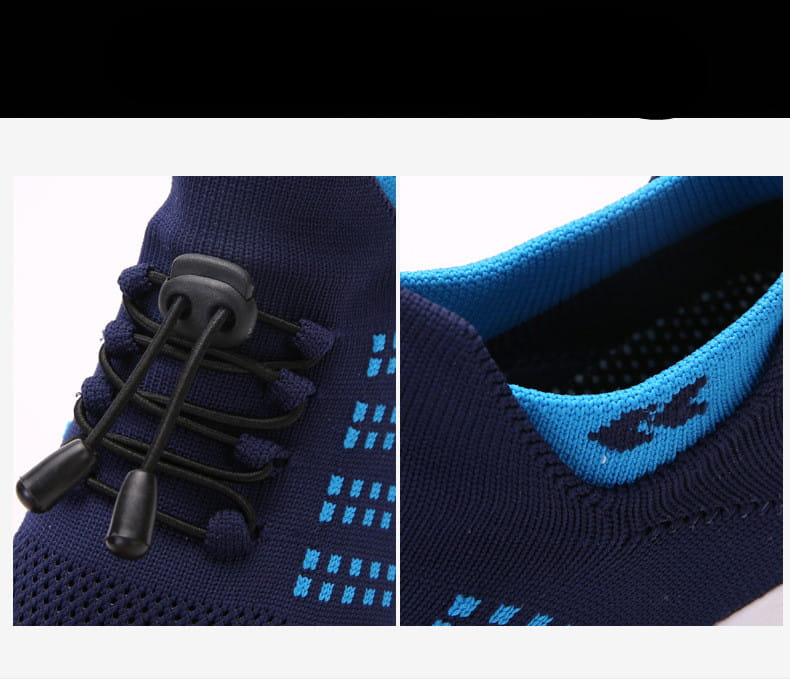 women’s lightweight fly knit casual sneaker in navy blue knit with black elastic laces and bright blue interior lining designed for comfort and style.