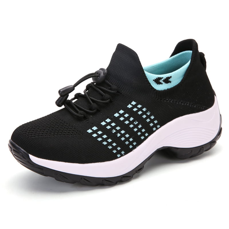 Women’s lightweight fly knit casual sneaker in black with light blue accents and a white midsole.