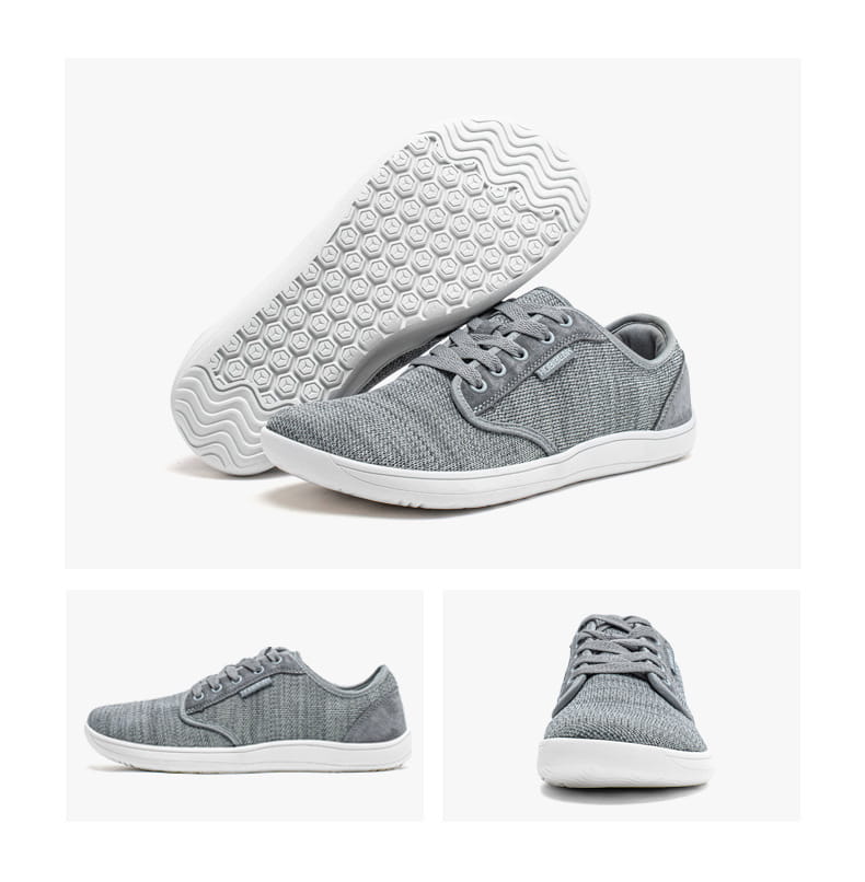 Chaussures de sport décontractées en daim unisexes gs6968 avec dessus en toile tissée grise, semelles en caoutchouc blanches et lacets.