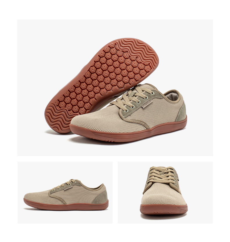 Baskets basses décontractées unisexes en daim et en maille beige gs6968, semelle en caoutchouc marron et motif de semelle à crampons hexagonaux.