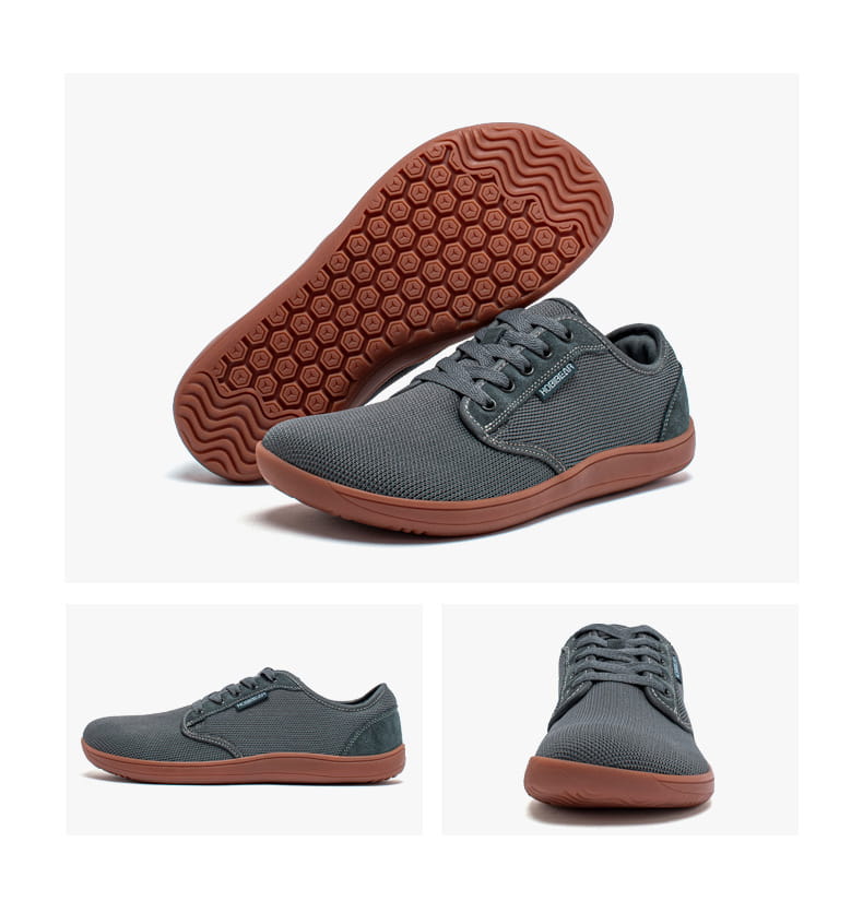 Chaussures de sport décontractées en daim unisexes gs6968 avec dessus en toile tissée grise, semelle en caoutchouc marron et motif de semelle à crampons hexagonaux.