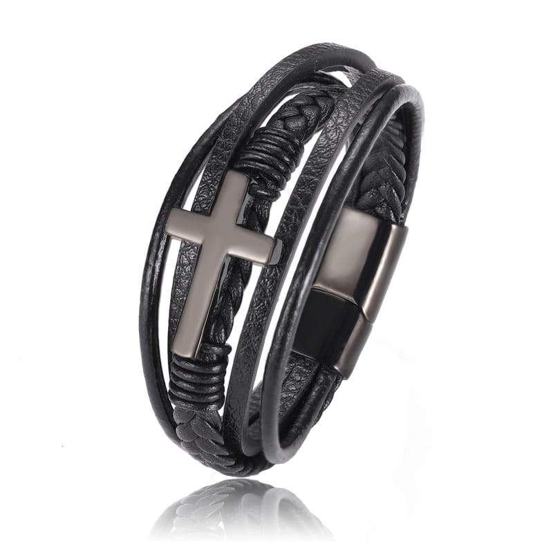 Black leather braided multi-strand cross bracelet with a matte-finished cross and magnetic clasp.