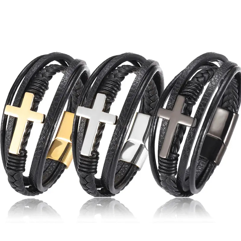 black leather braided multi-strand wrap bracelet with a gold silver or stainless steel cross pendant and magnetic clasp