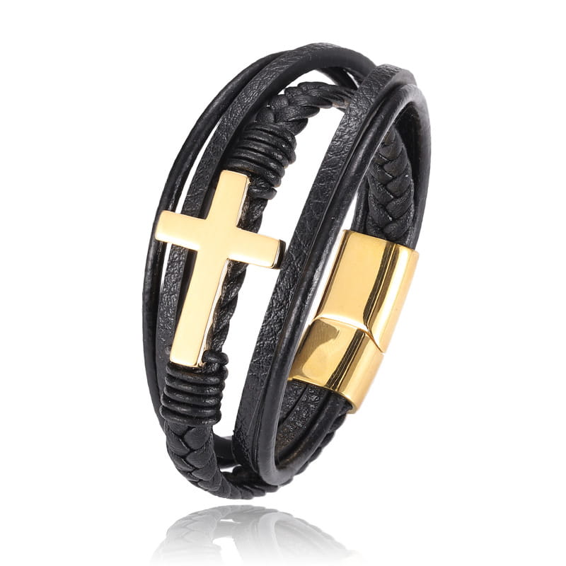Braided multi-strand black leather cross bracelet with a gold-tone cross and magnetic clasp.