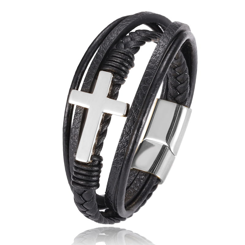 Black leather braided multi-strand bracelet featuring a silver cross pendant and magnetic clasp for secure closure.