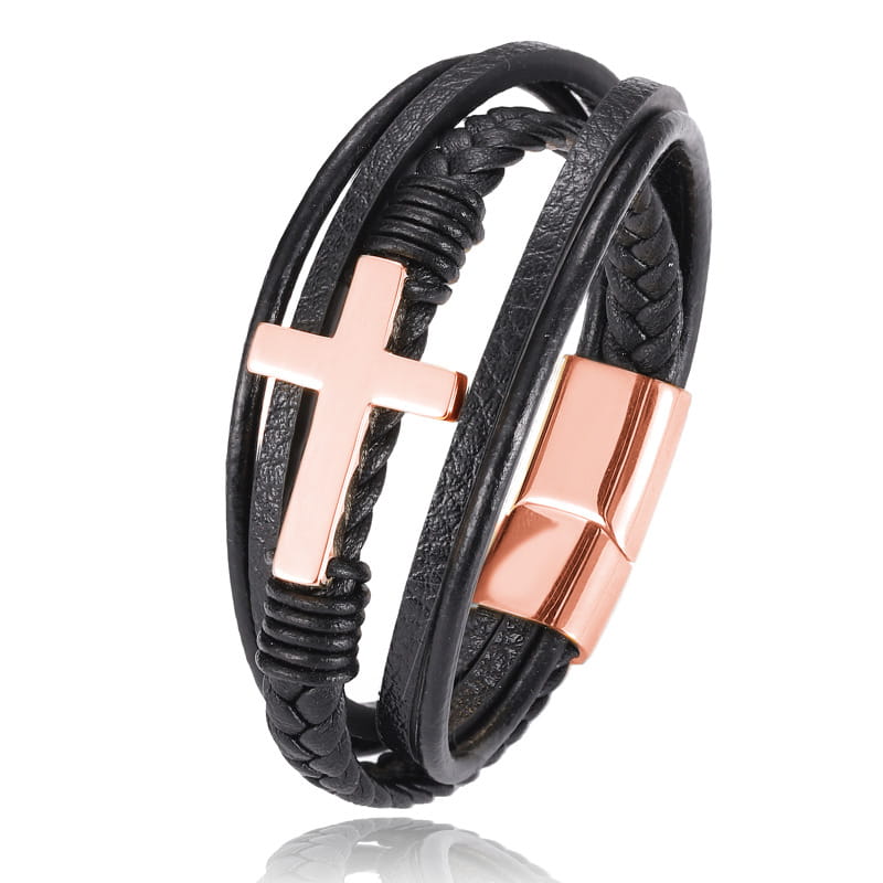 Braided multi-strand leather cross bracelet featuring black leather strands with a rose gold cross and magnetic clasp.
