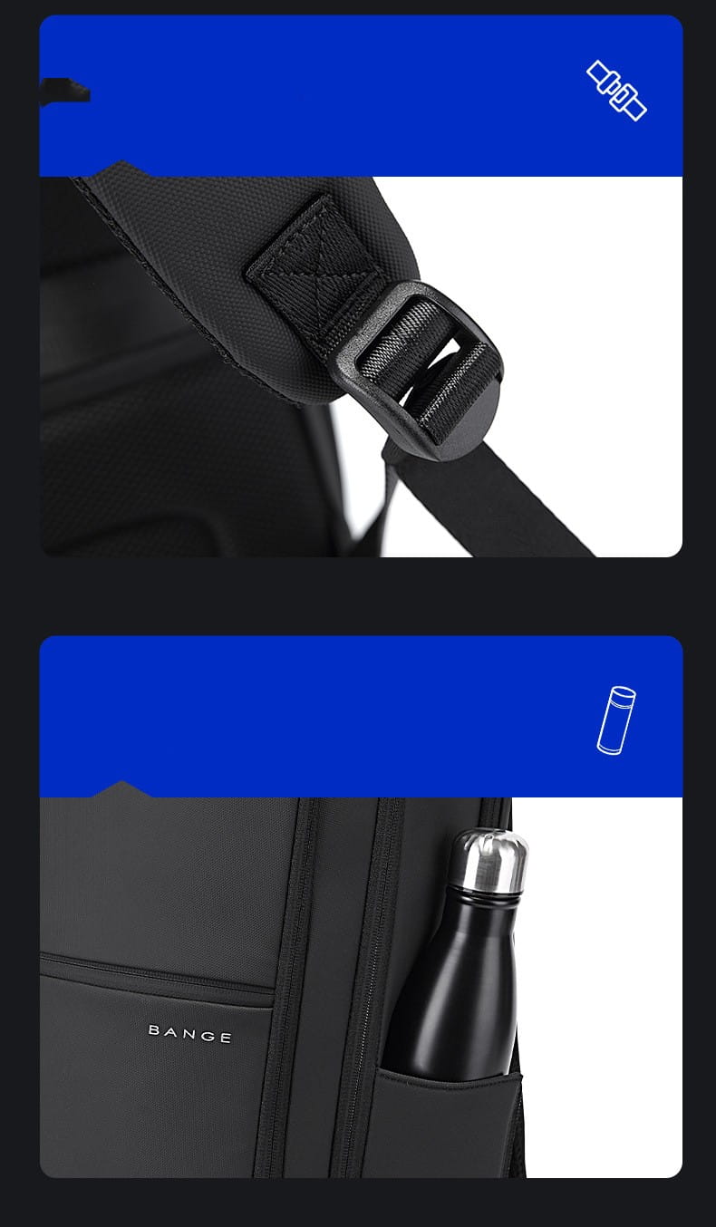 Schwarzer Bange-Laptop-Rucksack aus minimalistischem Oxford-Gewebe mit verstellbarem Schultergurt und einer Seitentasche, in der eine stilvolle, metallische Wasserflasche untergebracht ist.