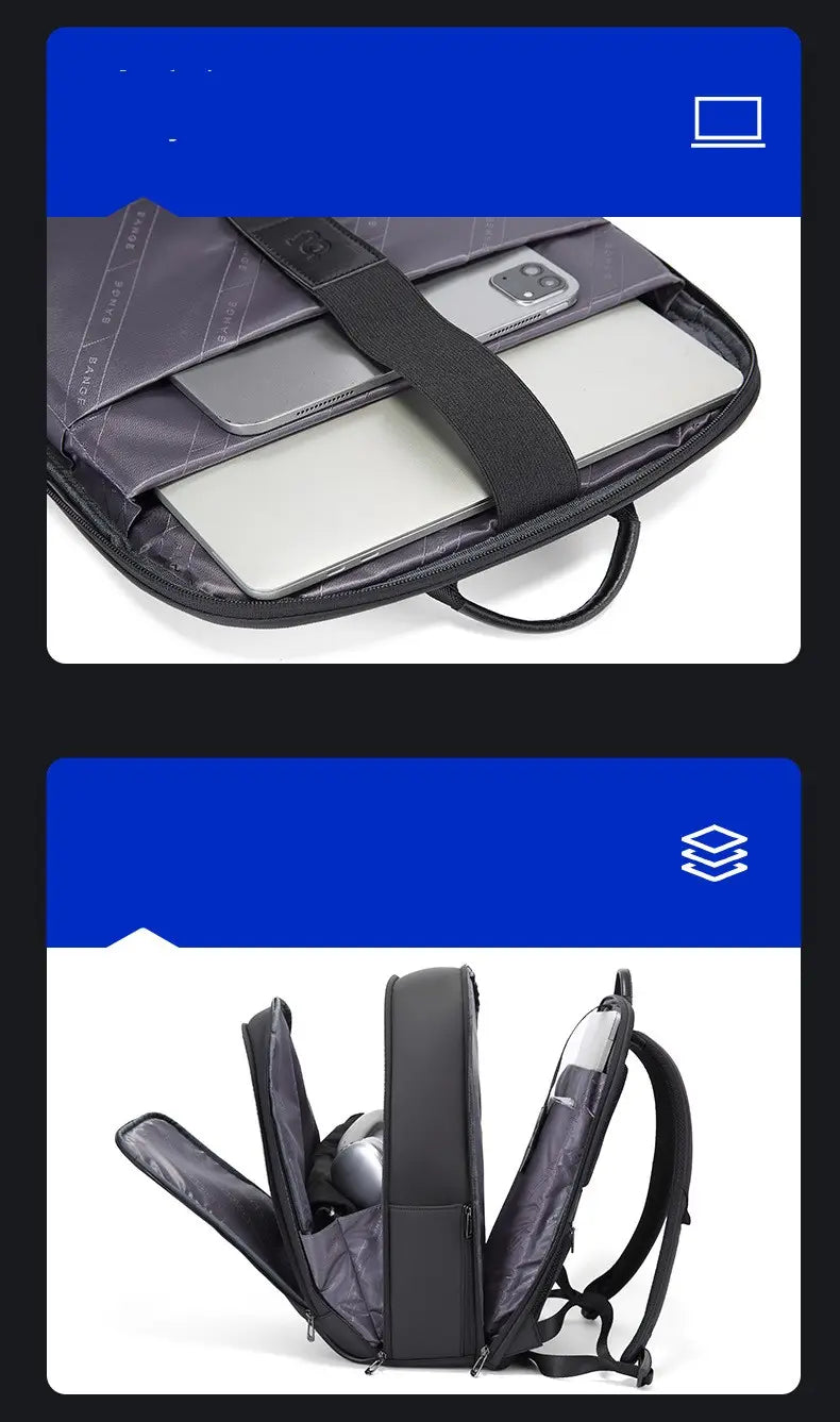 Schwarzer Bange-Laptop-Rucksack aus minimalistischem Oxford-Gewebe mit gepolsterten Fächern und verstellbaren Schultergurten, dargestellt von der Rückseite