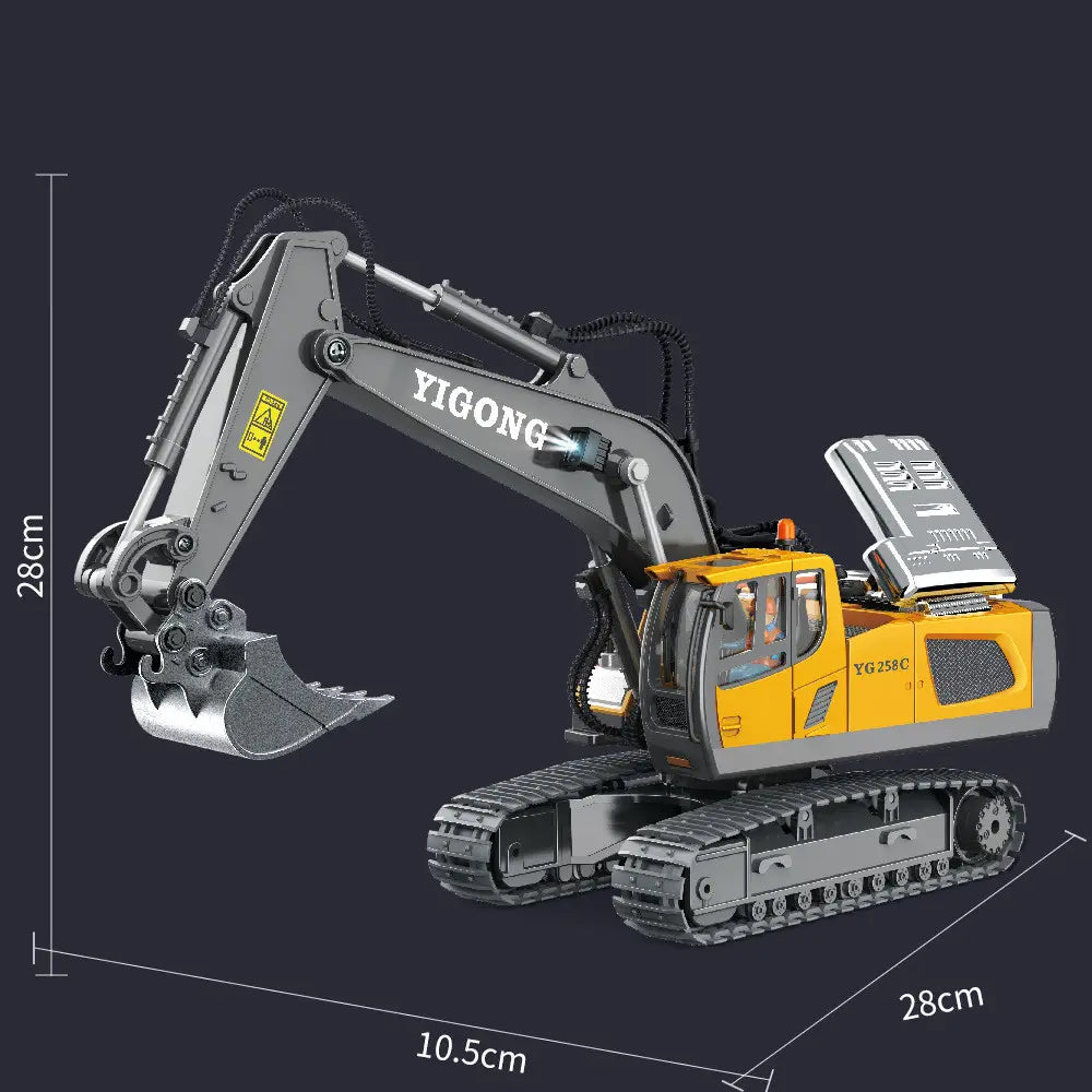 Jouet de construction télécommandé en alliage d’excavateur, en jaune et gris, avec des chenilles détaillées, un bras articulé et une benne argentée.