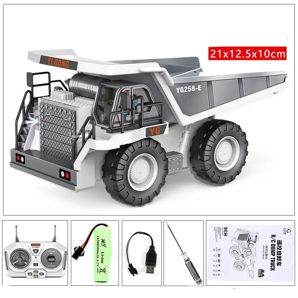 Camion benne télécommandé en alliage Yi Gong YG258-E, blanc et gris, avec des pneus en caoutchouc noirs, pour un usage de jouet de construction.