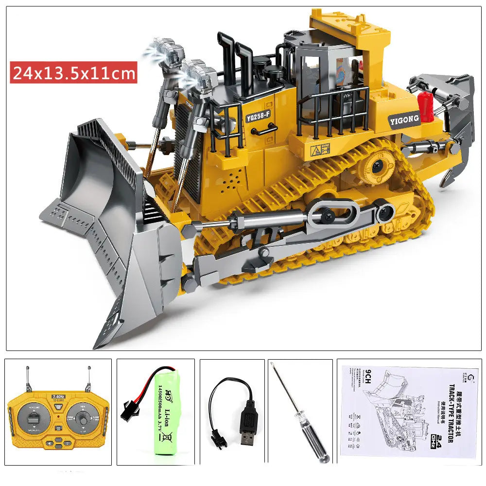 Jouet de tracteur à chenilles télécommandé en alliage, jaune et gris, évoquant un excavateur, avec une construction métallisée détaillée pour jouer à la construction.