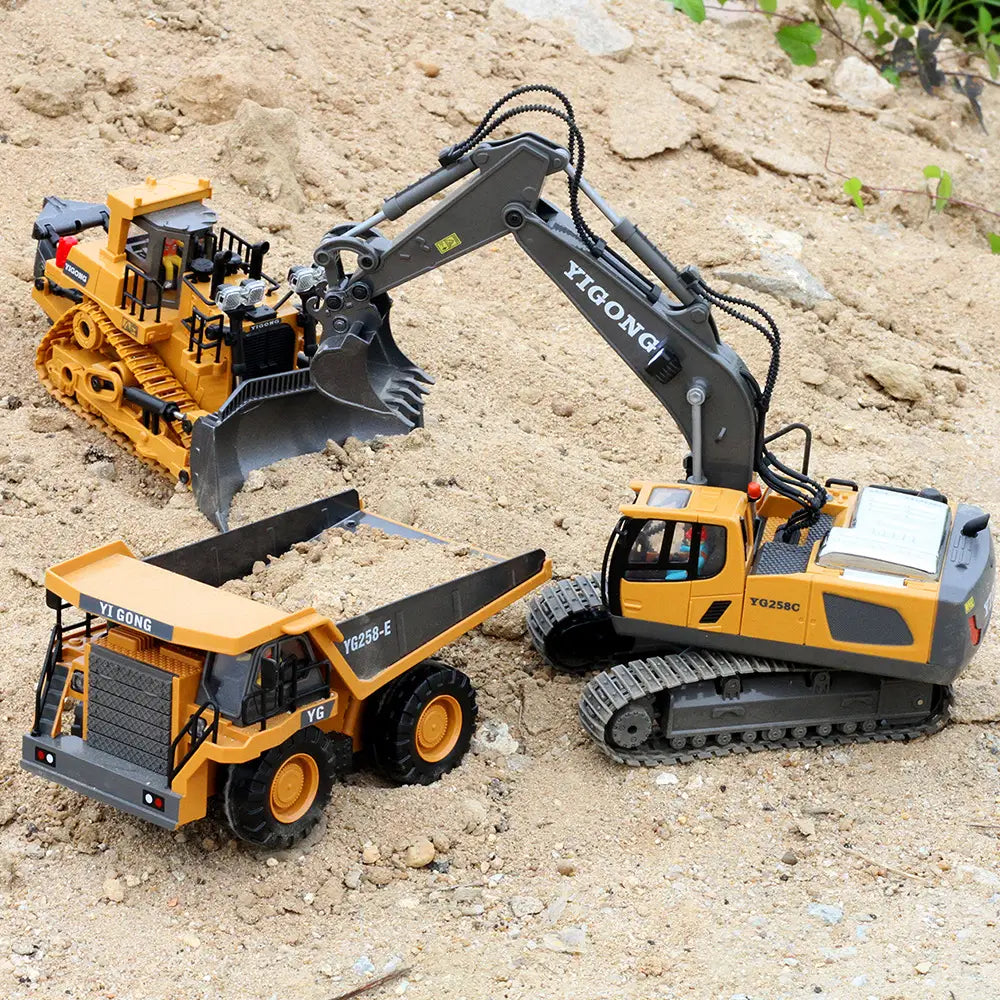 Ensemble de jouets de véhicule de chantier yigong jaune et noir, comprenant une télécommande d’excavateur en alliage détaillé, une pelle mécanique (bulldozer) et un camion benne, pour un jeu de construction réaliste.