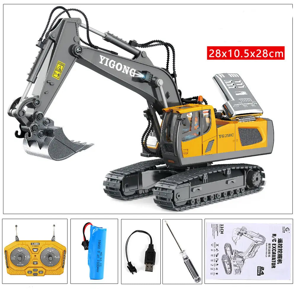 Jouet de construction télécommandé en alliage d’excavateur rc, jaune et gris, montrant la face arrière avec des chenilles détaillées, un bras articulé et un bloc de batterie de couleur argentée.