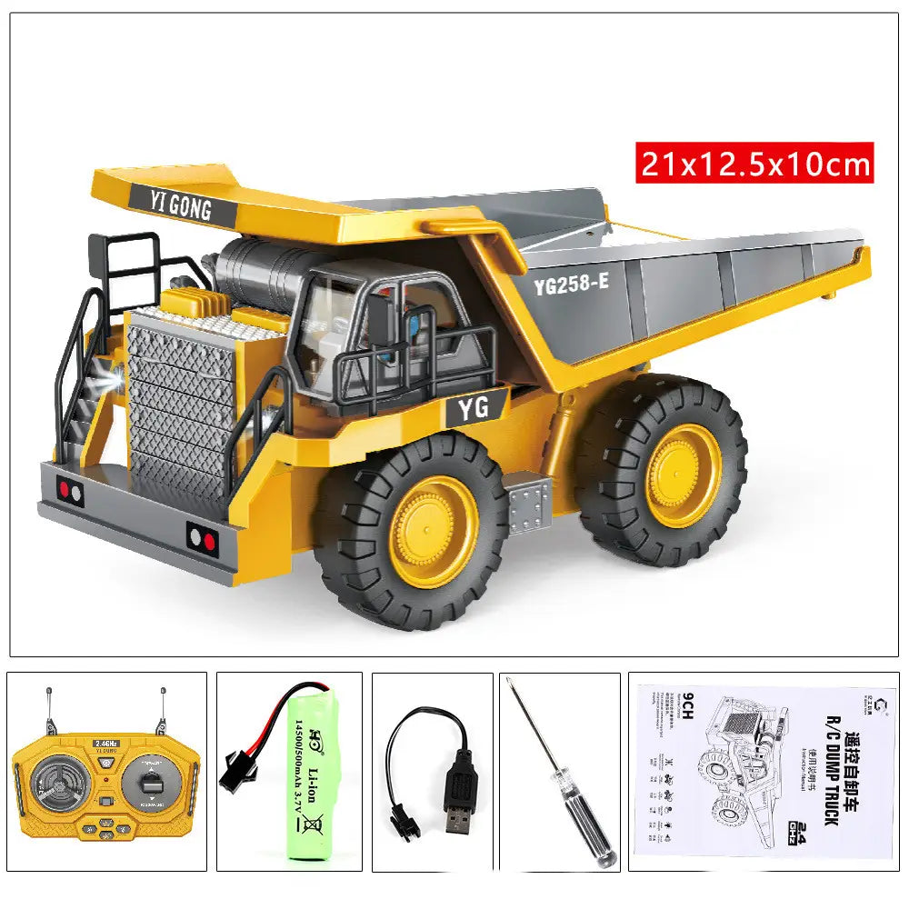 Camion benne télécommandé en alliage jaune et gris avec des pneus noirs, portant l’inscription Yi gong sur la cabine, conçu comme un jouet de construction de la série Rc Excavator