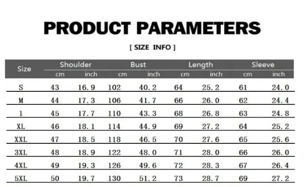 Produktspezifikationstabelle mit Größenangaben, einschließlich Schulter-, Brust-, Länge- und Ärmelmessungen in Zentimetern und Zoll für eine körperbetonte Slim-Fit-PU-Leder-Motorradjacke.