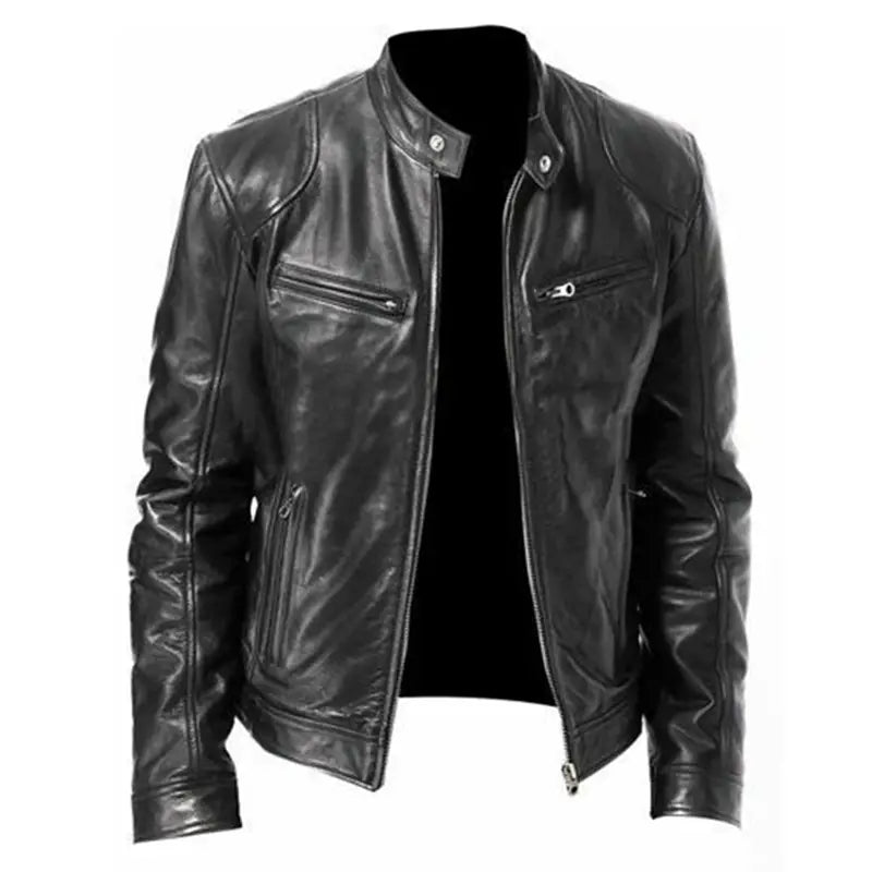 Körperbetonte Slim-Fit-PU-Leder-Motorradjacke in Schwarz mit silbernen Reißverschlüssen und Druckknöpfen.