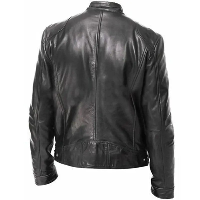 Schwarze Slim-Fit-PU-Leder-Motorradjacke mit klassischem, elegantem Design und dezenten Steppnähten.