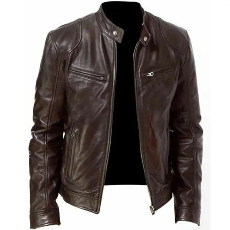 Körperbetonte Slim-Fit-PU-Leder-Motorradjacke in Dunkelbraun mit silbernen Reißverschlüssen und Druckknöpfen, entworfen für einen schlanken und stilvollen Look.