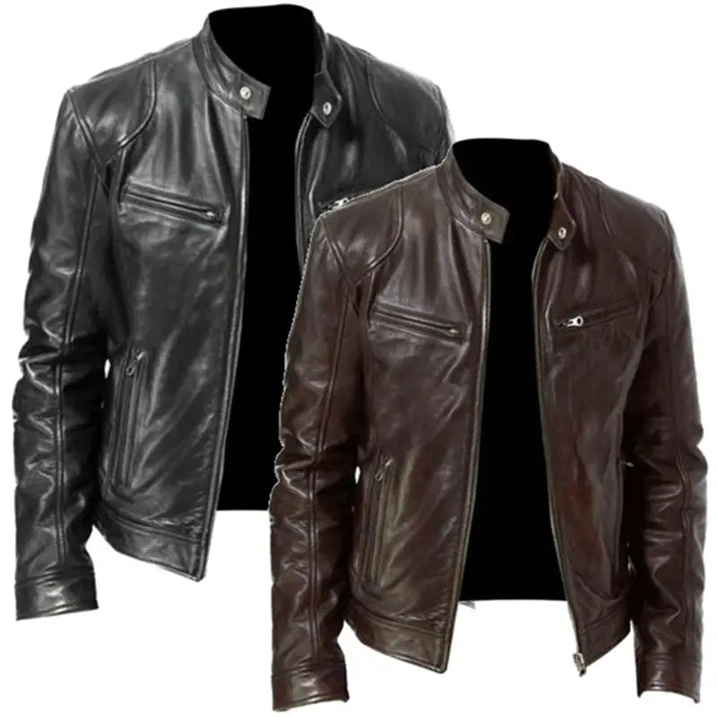 Körperbetonte Slim-Fit-PU-Leder-Motorradjacken in Schwarz und Braun mit Druckknopfkragen sowie mit Reißverschluss versehenen Brusttaschen.