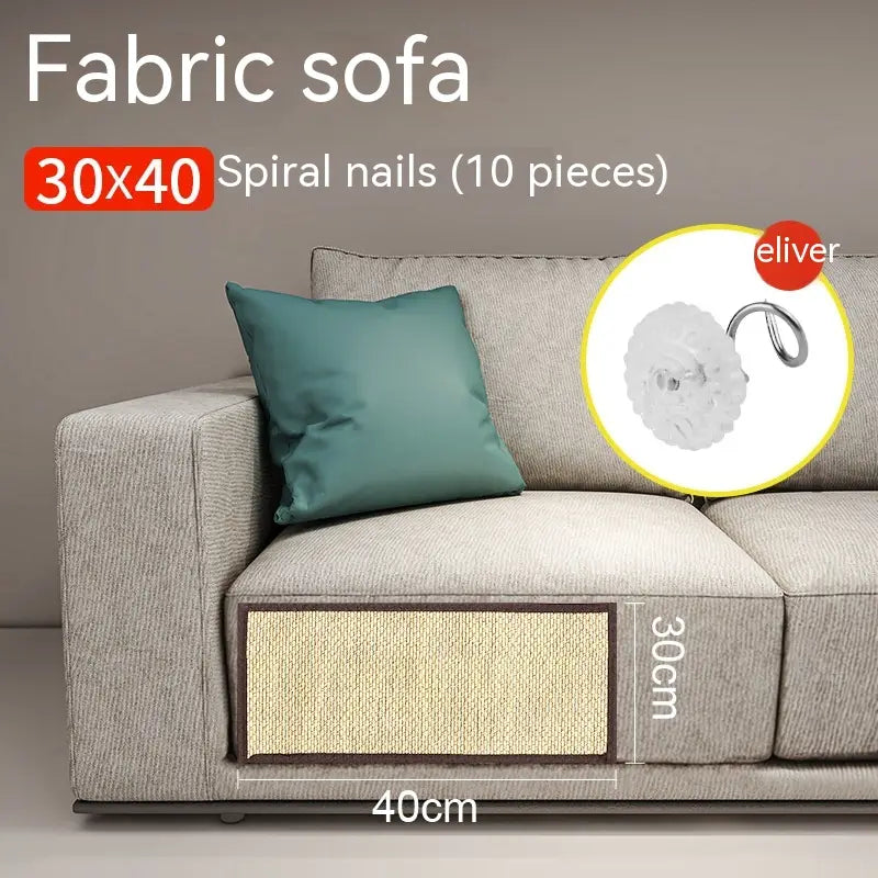 Sofá de tela gris con cojín decorativo color verde azulado e incluye una almohadilla para arañar de gato integrada de 30x40 cm, como protector y esterilla duradera para el sofá.