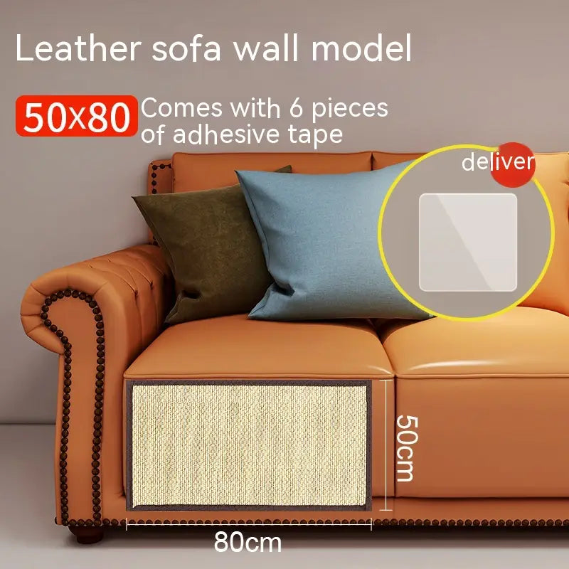Modelo de pared para sofá de cuero color naranja, con una superficie de rascado texturizada y resistente, para su uso como protector del sofá con almohadilla para arañar de gato y esterilla.
