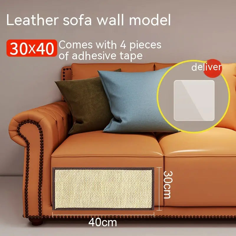 Modelo de pared para sofá de cuero color naranja, que incluye una superficie de rascado texturizada en forma de protector del sofá con almohadilla para arañar de gato y esterilla duradera.